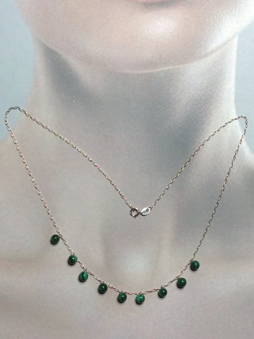 Sterling Silver Chain Dangling the Malachite Beads Bracelet.